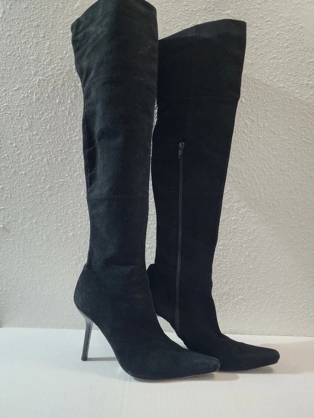 Vintage Bebe Black Suede Knee High Boots Y2K Pointed Toe Stiletto Spain Size 7.5